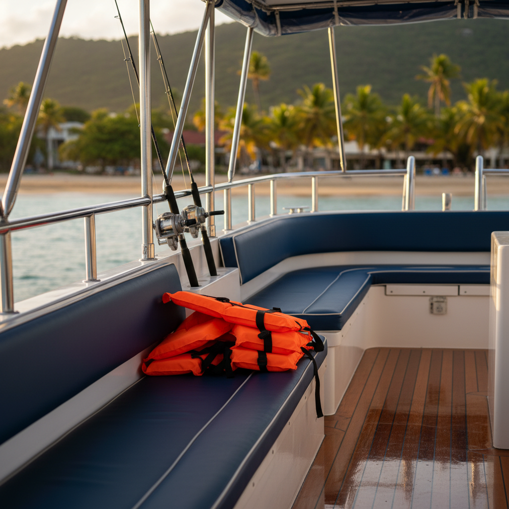 The polished interior deck of a mid-sized Jamaican tour boat, captured in close-up detail: cushioned marine-blue benches, neatly stacked life vests, shiny metal railings, and mounted fishing rods pointing toward the sea. Beyond the open side of the boat, the background softly reveals a sunlit coastline with palm trees and low hills. Late afternoon golden light streams in from the side, creating warm highlights on the chrome fittings and soft shadows under the seats. Photographic realism with a shallow depth of field, intimate eye-level composition, evoking comfort, safety, and laid-back fun on a premium Jamaica tour experience page.