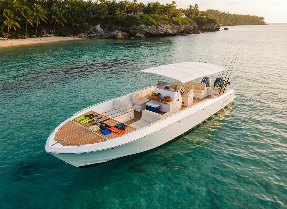 A sleek white fiberglass tour boat anchored in crystal-clear turquoise Jamaican water near a lush green coastline, its polished hull reflecting the golden afternoon sun. Brightly colored snorkel gear and fishing rods are neatly arranged on deck, with cushioned seats and a shaded canopy suggesting comfort and fun. In the background, soft-focus hints of palm trees and rugged cliffs frame the scene. Photographic realism with vibrant, saturated colors, shot from a slightly elevated angle to show the spacious layout and the inviting water, creating a playful, energetic mood perfect for a cool Jamaica tour homepage hero image.