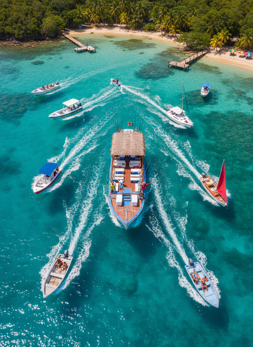 A bird’s-eye view of a lively Jamaican bay with several small tour boats cutting playfully through clear aquamarine water, leaving white foamy trails. The shoreline curves in the background, dotted with dense green vegetation, sandy coves, and tiny piers. One central boat is highlighted with visible fishing gear, coolers, and shaded seating, showcasing a well-equipped excursion. Bright midday sunlight illuminates the scene, making the water sparkle and colors pop. Photographic realism, wide-angle composition with sharp focus throughout, conveying excitement, variety, and the playful spirit of choosing between multiple cool Jamaican tours.
