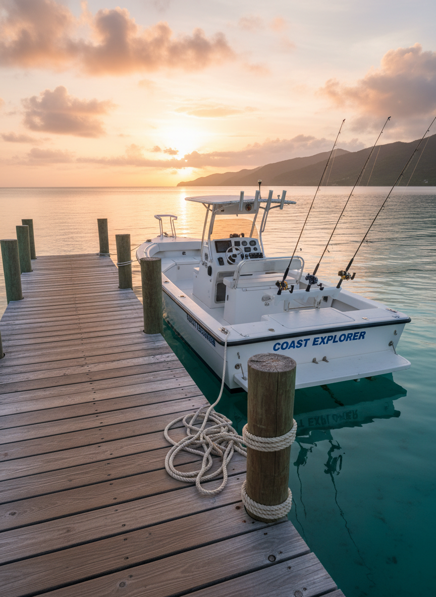 An inviting wooden dock stretching over calm, glassy Caribbean water at sunrise, with a modern white and blue tour boat gently tied alongside, ready for a day of exploring Jamaica’s coast. The boat’s controls, neatly coiled ropes, and mounted fishing equipment are shown in crisp detail. Warm, soft morning light bathes the scene, casting long, gentle shadows and a pastel glow on the clouds. Photographic realism from an eye-level perspective, using rule-of-thirds composition to balance the dock, boat, and shimmering horizon, creating an atmosphere of anticipation and relaxed adventure for visitors planning tours.